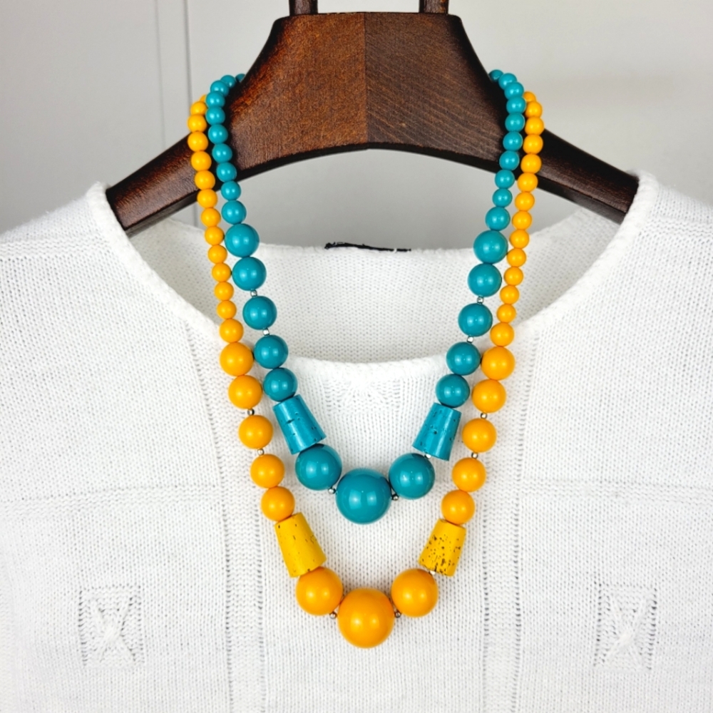 Vintage Chunky Retro Beaded Necklaces Set Of 2 Turquoise 20" Orange 24"